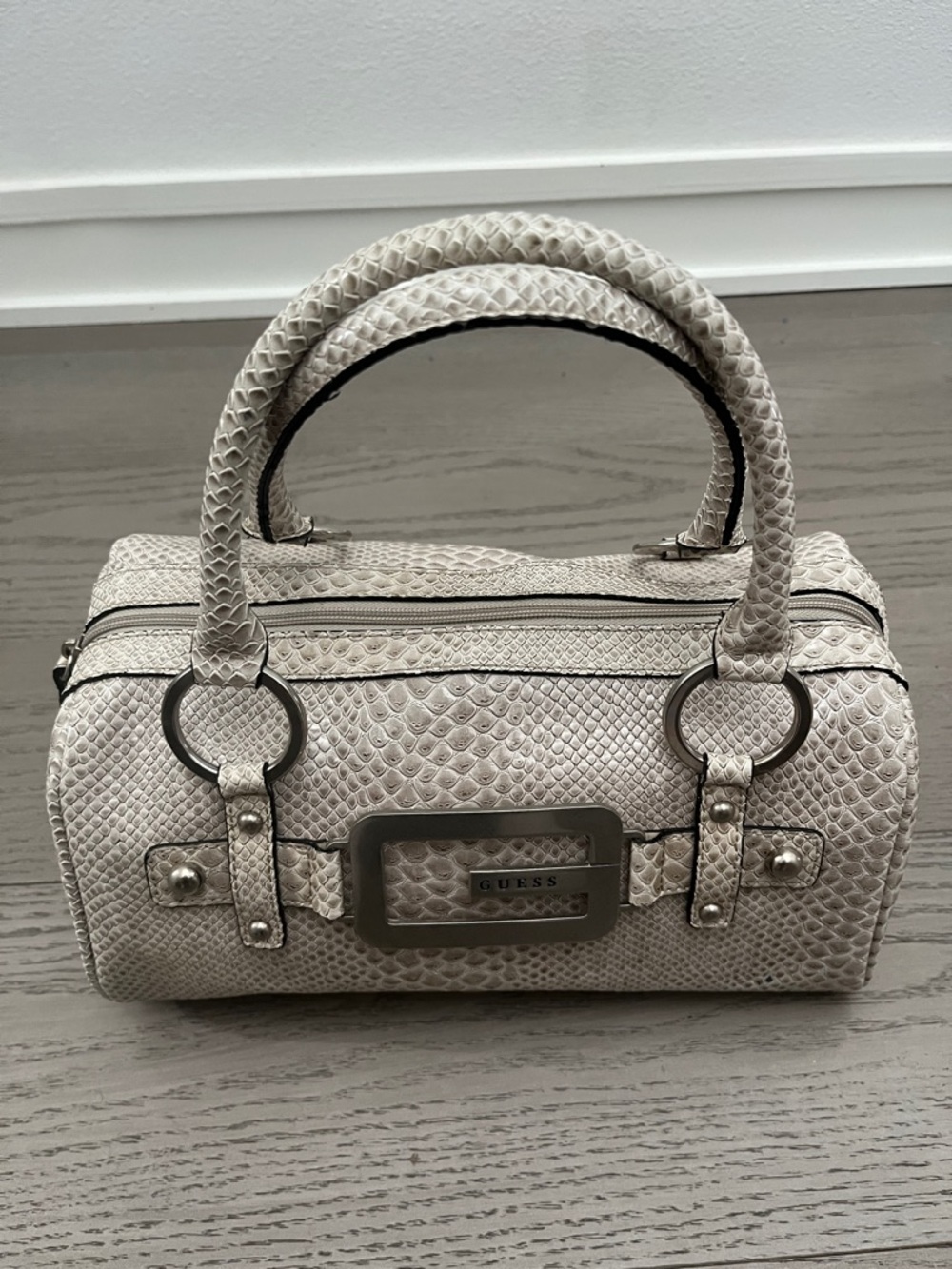 Y2K GUESS Cream Snake-Embossed Barrel Satchel with Top Handles